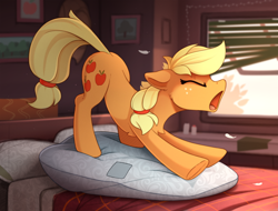 Size: 2100x1597 | Tagged: safe, artist:yakovlev-vad, character:applejack, species:earth pony, species:pony, g4, bed, bedroom, behaving like a cat, cheek fluff, chest fluff, cute, ear fluff, eyes closed, face down ass up, feather, female, floppy ears, iwtcird, jackabetes, majestic as fuck, mare, meme, morning ponies, open mouth, pillow, silly, silly pony, solo, stretching, underhoof, window, yawn