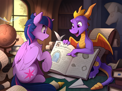 Size: 2100x1567 | Tagged: safe, artist:yakovlev-vad, character:twilight sparkle, character:twilight sparkle (alicorn), species:alicorn, species:dragon, species:pony, g4, adventure, book, crossover, dragonfly, female, globe, male, mare, open mouth, paper airplane, plot, scroll, sitting, sparx, sparx the dragonfly, spyro the dragon, underhoof, video game crossover
