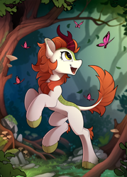 Size: 1500x2100 | Tagged: safe, artist:yakovlev-vad, character:autumn blaze, species:kirin, episode:sounds of silence, g4, my little pony: friendship is magic, awwtumn blaze, butterfly, chest fluff, cloven hooves, colored hooves, cute, female, forest, happy, hooves, insect, jumping, leonine tail, mushroom, open mouth, raised hoof, raised tail, rearing, scenery, solo, tree