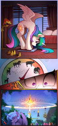 Size: 1300x2796 | Tagged: safe, artist:yakovlev-vad, character:philomena, character:princess celestia, character:princess luna, species:alicorn, species:phoenix, species:pony, g4, 4koma, aaaaaaaaaa, bed, bedroom, canterlot castle, cheek fluff, comic, cracks, crown, cute, cutelestia, duo, explosion, eyes closed, female, fluffy, funny, grin, hoof fluff, hoof shoes, jewelry, laughing, leg fluff, levitation, looking at something, looking down, magic, mare, messy mane, missing accessory, neck fluff, pillow, prank, preening, princess luna is amused, regalia, royal sisters, s1 luna, sabotage, scale, screwdriver, shoulder fluff, sibling rivalry, siblings, sisters, smiling, spread wings, telekinesis, the plot thickens, this will end in banishment, this will end in tears and/or a journey to the moon, tower, troll, trolluna, wall of tags, wide eyes, wing fluff, wings