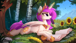 Size: 1024x583 | Tagged: safe, artist:yakovlev-vad, edit, editor:assturtle, character:princess celestia, species:alicorn, species:pony, g4, blep, book, bookmark, cheek fluff, chest fluff, clothing, crown, cute, cutelestia, cutie mark, female, flower, fluffy, food, forest, fudgesicle, grass, hoof shoes, ice cream, jewelry, leg fluff, levitation, licking, lidded eyes, looking sideways, magic, mare, mlem, mountain, nature, necklace, outdoors, peytral, pink-mane celestia, prone, regalia, scenery, shoes, shoulder fluff, silly, smiling, solo, spread wings, summer, sunflower, telekinesis, tiara, tongue out, tree, wing fluff, wings