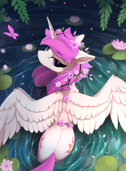 Size: 1670x2266 | Tagged: safe, artist:yakovlev-vad, edit, editor:assturtle, character:princess celestia, species:alicorn, species:pony, g4, alternate hairstyle, both cutie marks, cute, cutelestia, ear fluff, female, floppy ears, flower, flower in hair, from above, lidded eyes, lily (flower), lily pad, looking at you, looking back, looking back at you, looking up, mare, pink-mane celestia, plot, pretty, solo, spread wings, sunbutt, tree branch, water, water lily, wings