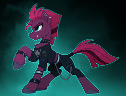 Size: 2200x1685 | Tagged: safe, artist:yakovlev-vad, character:fizzlepop berrytwist, character:tempest shadow, species:pony, species:unicorn, g4, broken horn, choker, clothing, ear piercing, eye scar, female, horn, mare, metal, piercing, raised hoof, scar, scar on the wrong side, solo, spiked choker