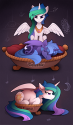 Size: 1500x2568 | Tagged: safe, artist:yakovlev-vad, character:princess celestia, character:princess luna, species:alicorn, species:pony, g4, ..., :<, :t, angry, annoyed, bed, behaving like a cat, behaving like a dog, butterfly, celestia is not amused, chest fluff, crescent moon, cute, cutelestia, cutie mark, ear fluff, exclamation point, eye clipping through hair, eyes closed, female, floppy ears, flower, fluffy, frown, funny, glare, gray background, grumpy, hilarious, hnnng, if i fits i sits, interrobang, jewelry, leg fluff, lunabetes, madorable, mare, messy mane, missing accessory, moon, neck fluff, night, peeved, peytral, princess celestia is not amused, prone, question mark, royal sisters, s1 luna, shoulder fluff, simple background, sisters, sitting, sleeping, small, smiling, spread wings, stars, sunflower, this will end in tears and/or a journey to the moon, unamused, wing fluff, wings