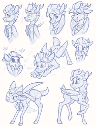 Size: 1670x2210 | Tagged: safe, artist:yakovlev-vad, oc, oc only, oc:arny, species:bird, species:deer, species:pegasus, species:peryton, species:pony, g4, antlers, bust, butterfly, cute, digital art, expressions, flower, hybrid, lineart, male, monochrome, ocbetes, open mouth, original species, profile, reference, reference sheet, solo, three quarter view