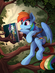 Size: 1730x2280 | Tagged: safe, artist:yakovlev-vad, character:rainbow dash, species:pegasus, species:pony, g4, book, coffee, daring do and the sapphire statue, daring do book, female, mare, scenery, semi-anthro, sitting, smiling, solo, tree, tree branch