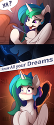 Size: 1300x3016 | Tagged: safe, artist:yakovlev-vad, character:princess celestia, character:princess luna, species:alicorn, species:pony, g4, blushing, brush, chest fluff, comic, dialogue, duo, eye clipping through hair, eyebrows, eyebrows visible through hair, female, glowing horn, levitation, magic, mare, mouth hold, nail file, nervous, open mouth, phone, phone call, royal sisters, shoulder fluff, shrunken pupils, sisters, speech bubble, sweat, telekinesis