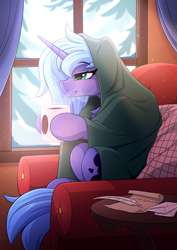 Size: 2833x4000 | Tagged: safe, artist:redchetgreen, artist:yakovlev-vad, character:princess luna, species:alicorn, species:pony, g4, armchair, blanket, cape, chair, clothing, collaboration, cozy, curtains, cute, feather, female, hot chocolate, mare, parchment, profile, quill, relatable, relaxing, s1 luna, sitting, smiling, snow, snowfall, solo, thousand yard stare, tucking in, window, winter