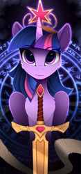 Size: 1200x2570 | Tagged: safe, artist:yakovlev-vad, character:twilight sparkle, character:twilight sparkle (alicorn), species:alicorn, species:pony, art pack:equestrian royalty, g4, big crown thingy, cheek fluff, chest fluff, ear fluff, eye clipping through hair, eyebrows, eyebrows visible through hair, female, jewelry, looking at you, magic, magic circle, mare, regalia, scroll, solo, sword, warrior twilight sparkle, weapon
