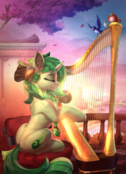 Size: 1920x2659 | Tagged: safe, artist:vest, artist:yakovlev-vad, oc, oc only, oc:rhythm fruit, species:bird, species:pony, species:unicorn, g4, beautiful, braid, chair, collaboration, eyes closed, female, harp, high res, mare, music, musical instrument, playing, sitting, solo