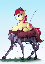 Size: 1720x2425 | Tagged: safe, artist:yakovlev-vad, character:roseluck, species:earth pony, species:pony, g4, big dog, boston dynamics, chest fluff, cute, cuteluck, dice, ear fluff, female, fuzzy dice, leg fluff, mare, profile, prone, riding, robot, solo
