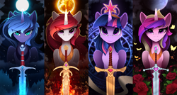 Size: 3500x1875 | Tagged: safe, artist:yakovlev-vad, character:princess cadance, character:princess celestia, character:princess luna, character:twilight sparkle, character:twilight sparkle (alicorn), species:alicorn, species:pony, art pack:equestrian royalty, g4, alicorn tetrarchy, alicorn triarchy, alternate hair color, ash, big crown thingy, butterfly, cheek fluff, chest fluff, ear fluff, eye clipping through hair, eyebrows, eyebrows visible through hair, fantasy class, female, fire, flaming sword, flower, frown, glare, glowing horn, horn, ice, jewelry, lidded eyes, looking at you, magic, magic circle, mare, moon, night, nightmare luna, peytral, regalia, rose, s1 luna, scroll, sitting, sky, slit eyes, snow, stars, sun, sword, warrior, warrior cadance, warrior celestia, warrior luna, warrior twilight sparkle, weapon