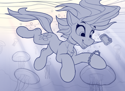 Size: 2100x1532 | Tagged: safe, artist:yakovlev-vad, character:pinkie pie, species:earth pony, species:pony, g4, camera, female, jellyfish, lanyard, mare, ocean, sketch, solo, underwater, water