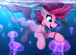 Size: 2300x1678 | Tagged: safe, artist:yakovlev-vad, character:pinkie pie, species:earth pony, species:pony, g4, bubble, camera, cheek fluff, chest fluff, cute, diapinkes, female, fish, jellyfish, mare, ocean, open mouth, shoulder fluff, solo, underwater, water, wet, wet mane