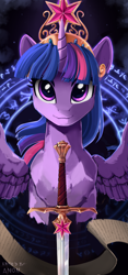 Size: 1200x2570 | Tagged: safe, artist:yakovlev-vad, edit, character:twilight sparkle, character:twilight sparkle (alicorn), species:alicorn, species:pony, g4, big crown thingy, element of magic, female, jewelry, mare, regalia, scroll, solo, sword, weapon