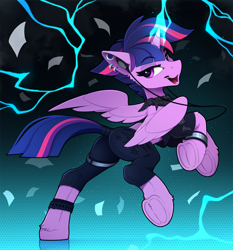 Size: 2100x2255 | Tagged: safe, artist:yakovlev-vad, character:twilight sparkle, character:twilight sparkle (alicorn), species:alicorn, species:pony, g4, alternate hairstyle, bad student, badass, bracelet, butt, clothing, female, growling, jewelry, lightning, mare, pants, piercing, plot, punklight sparkle, scarf, see-through, solo, tail holder, twibutt, underhoof