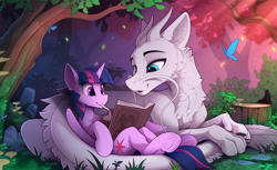 Size: 2300x1407 | Tagged: safe, artist:yakovlev-vad, character:twilight sparkle, character:twilight sparkle (alicorn), non-mlp oc, oc, oc:zefiroth, species:alicorn, species:dragon, species:pony, g4, book, butterfly, cute, drink, duo, eastern dragon, fantastic beasts and where to find them, female, ferret, forest, frog (hoof), hybrid, male, mare, prone, reading, scenery, scenery porn, straw, tree, tree stump, underhoof