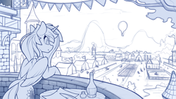 Size: 2330x1315 | Tagged: safe, artist:yakovlev-vad, character:princess celestia, species:alicorn, species:pony, g4, alternate cutie mark, canterlot, hot air balloon, mountain, mountain range, sketch, smiling, tents