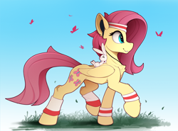 Size: 2330x1725 | Tagged: safe, artist:yakovlev-vad, character:angel bunny, character:fluttershy, species:pegasus, species:pony, species:rabbit, g4, animal, butterfly, chest fluff, duo, earbuds, eyes closed, female, grass, male, mare, raised hoof, sweatband, walking, workout outfit