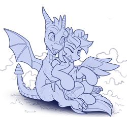 Size: 2100x1940 | Tagged: safe, artist:yakovlev-vad, character:rainbow dash, species:dragon, species:pegasus, species:pony, g4, female, male, mare, monochrome, noogie, sketch, spyro the dragon