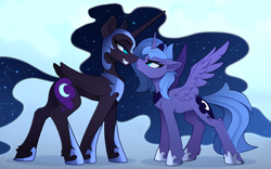 Size: 2500x1555 | Tagged: safe, artist:yakovlev-vad, edit, editor:childofthenight, character:nightmare moon, character:princess luna, species:alicorn, species:pony, g4, :<, angry, blue background, boop, cheek fluff, chest fluff, cute, duality, ear fluff, eye contact, eyebrows, female, floppy ears, frown, glare, gradient background, grin, grumpy, hoof fluff, leg fluff, lidded eyes, looking at each other, lunabetes, mare, nose wrinkle, noseboop, pouting, profile, s1 luna, scrunchy face, self ponidox, simple background, smiling, smirk, smug, spread wings, wing fluff, wings