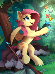 Size: 1810x2410 | Tagged: safe, artist:yakovlev-vad, character:fluttershy, oc, species:earth pony, species:pegasus, species:pony, g4, butterfly, butterfly net, cute, escape, female, forest, jar, knock out, knocked out, looking at something, male, mare, release, rescue, scenery, shyabetes, smiling, spread wings, stallion, tongue out, unconscious, wings, x eyes