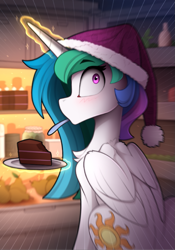 Size: 1069x1525 | Tagged: safe, artist:yakovlev-vad, character:princess celestia, species:alicorn, species:pony, g4, blushing, cake, cakelestia, caught, christmas, clothing, cropped, cute, eating, female, food, hat, holiday, levitation, magic, mare, midnight snack, no mouth, refrigerator, santa hat, solo, surprised, telekinesis, that pony sure loves cake