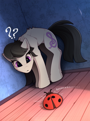 Size: 1620x2175 | Tagged: safe, artist:yakovlev-vad, character:octavia melody, species:earth pony, species:pony, g4, :<, adorable distress, against wall, arched back, back fluff, backwards cutie mark, behaving like a cat, bristling fur, cheek fluff, coccinellidaephobia, confused, cute, ear fluff, fear, female, floppy ears, frown, hoof fluff, insect, ladybug, leg fluff, looking at something, mare, question mark, scared, shoulder fluff, sketch, solo, tavibetes, tavicat, wide eyes