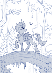 Size: 1680x2370 | Tagged: safe, artist:yakovlev-vad, character:autumn blaze, species:kirin, g4, butterfly, female, forest, quadrupedal, raised hoof, saddle bag, sketch, smiling, solo, tree