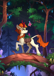 Size: 1800x2540 | Tagged: safe, artist:yakovlev-vad, character:autumn blaze, species:kirin, g4, awwtumn blaze, butterfly, cute, eyes on the prize, female, fishing rod, flower, forest, ghost, herbs, hoof fluff, leg fluff, leonine tail, log, looking at something, looking up, mushroom, nature, open mouth, quadrupedal, raised hoof, saddle bag, scenery, scenery porn, sketch, smiling, solo, spirit, talisman, tree, tree branch