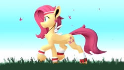 Size: 1920x1080 | Tagged: safe, artist:fluffyrescent, artist:yakovlev-vad, character:angel bunny, character:fluttershy, species:pegasus, species:pony, g4, 3d, blender eevee, butterfly, grass, headphones, jogging, morning, sweatband