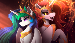 Size: 2500x1435 | Tagged: safe, artist:yakovlev-vad, character:daybreaker, character:princess celestia, species:alicorn, species:pony, g4, armor, fangs, female, jewelry, magic, magic circle, mare, no mouth, open mouth, peytral, raised hoof, regalia, smiling, underhoof, wing armor