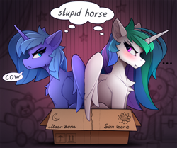 Size: 2100x1757 | Tagged: safe, artist:yakovlev-vad, character:princess celestia, character:princess luna, species:alicorn, species:pony, g4, ..., :t, acting like a mare, angry, back to back, blushing, box, cardboard box, chest fluff, dialogue, duo, female, if i fits i sits, looking at each other, looking back, mare, pony in a box, pouting, royal sisters, s1 luna, sibling rivalry, siblings, sisters, speech bubble, this side up, thought bubble