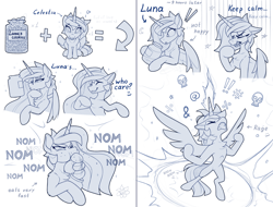 Size: 2400x1823 | Tagged: safe, artist:yakovlev-vad, character:princess celestia, character:princess luna, species:alicorn, species:pony, g4, angry, cookie, eating, female, floppy ears, food, glasses, mare, monochrome, open mouth, rage, royal sisters, siblings, simple background, sisters, sitting, this will end in nightmare moon, white background
