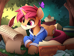 Size: 2300x1750 | Tagged: safe, artist:yakovlev-vad, patreon reward, oc, oc only, species:pony, species:unicorn, g4, book, butterfly, clothing, forest, hoodie, levitation, magic, patreon, quill, scroll, smiling, solo, telekinesis