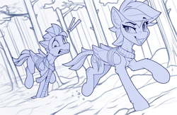 Size: 2300x1492 | Tagged: safe, artist:yakovlev-vad, patreon reward, character:rainbow dash, oc, oc:skittle, species:pegasus, species:pony, g4, clothing, duo, exclamation point, falling, monochrome, patreon, running, scarf, sketch, snow
