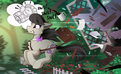 Size: 2500x1528 | Tagged: safe, artist:yakovlev-vad, character:octavia melody, species:earth pony, species:pony, g4, bow, chest fluff, coffee, coffee mug, dynamite, explosives, female, late, mare, mug, pictogram, property damage, remake, running late, satchel, solo, thought bubble, vulgar