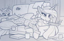 Size: 2100x1357 | Tagged: safe, artist:yakovlev-vad, character:princess celestia, character:princess luna, species:alicorn, species:pony, g4, clothing, couch, duo, female, magic, mare, monochrome, pajamas, prank, prone, remote control, royal sisters, siblings, sisters, sketch, soon, spider, telekinesis, this will end in a trip to the moon, this will end in tears and/or a journey to the moon, this will not end well