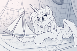 Size: 2100x1397 | Tagged: safe, artist:yakovlev-vad, character:princess celestia, species:alicorn, species:pony, g4, bath toy, bathroom, bathtub, black and white, boat, bubble, eye clipping through hair, grayscale, monochrome, playing, solo, toy, wet mane