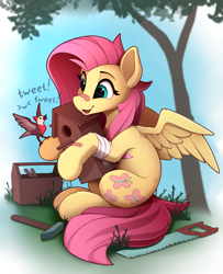 Size: 1835x2260 | Tagged: safe, artist:yakovlev-vad, character:fluttershy, species:bird, species:pegasus, species:pony, g4, >w<, bandage, bandaid, bird house, cute, ear fluff, female, hammer, happy, leg fluff, mare, open mouth, saw, shyabetes, sitting, solo, toolbox, tools, tree