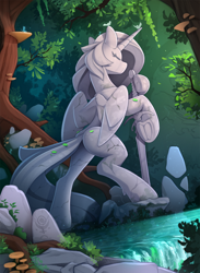 Size: 1750x2385 | Tagged: safe, artist:yakovlev-vad, species:alicorn, species:pony, g4, bipedal, butt, eyes closed, female, forest, frog (hoof), hero, leaning, leaves, mare, nature, plot, raised leg, river, rock, scenery, solo, statue, sword, tree, underhoof, unknown pony, water, weapon