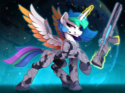 Size: 2200x1630 | Tagged: safe, artist:yakovlev-vad, character:princess celestia, species:alicorn, species:pony, g4, armor, female, future, grin, gun, headset, looking at you, magic, mare, raised hoof, smiling, smirk, solo, spread wings, telekinesis, toothpick, warrior, warrior celestia, weapon, wings, zoom layer