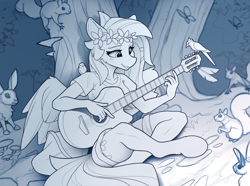 Size: 2200x1634 | Tagged: safe, artist:yakovlev-vad, character:fluttershy, species:anthro, species:bird, species:rabbit, species:unguligrade anthro, g4, animal, butterfly, clothing, cute, flower, flower in hair, guitar, hippie, hippieshy, monochrome, musical instrument, playing, shyabetes, sketch, squirrel, tree