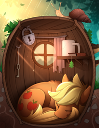 Size: 1700x2206 | Tagged: safe, artist:yakovlev-vad, character:applejack, species:earth pony, species:pony, g4, air freshener, back fluff, barrel, behaving like a cat, book, crepuscular rays, curled up, curtains, cute, eyes closed, female, if i fits i sits, jackabetes, key, lock, mare, mug, padlock, rain, sleeping, snail, solo, tiny home, window