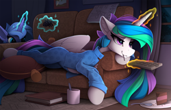 Size: 2400x1550 | Tagged: safe, artist:yakovlev-vad, character:princess celestia, character:princess luna, species:alicorn, species:pony, g4, book, cake, cakelestia, clothing, couch, duo, eating, female, food, magic, mare, mug, pajamas, prank, prone, remote control, royal sisters, s1 luna, siblings, sisters, soon, spider, spoon, telekinesis, this will end in a trip to the moon, this will end in tears and/or a journey to the moon, this will not end well, trolluna, unbuttoned, watching tv