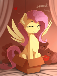Size: 1400x1845 | Tagged: safe, artist:yakovlev-vad, edit, editor:gamedevanon, character:fluttershy, species:pegasus, species:pony, g4, :t, bed, behaving like a cat, box, cute, daaaaaaaaaaaw, eyes closed, female, floating heart, happy, heart, hnnng, if i fits i sits, mare, onomatopoeia, plushie, pony in a box, shyabetes, sitting, smiling, solo, spread wings, squeak, squee, sweet dreams fuel, teddy bear, weapons-grade cute, wings