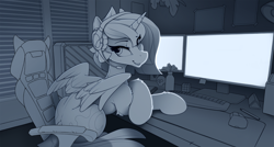 Size: 2500x1341 | Tagged: safe, artist:yakovlev-vad, character:princess luna, species:alicorn, species:pony, gamer luna, g4, chair, headphones, keyboard, lip bite, looking at you, monitor, plant, s1 luna, sketch