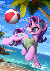 Size: 1690x2390 | Tagged: safe, artist:yakovlev-vad, character:starlight glimmer, species:pony, species:unicorn, g4, beach, beach ball, chest fluff, clothing, cute, female, flower, flower in hair, glimmerbetes, mare, open clothes, open mouth, open shirt, palm tree, shirt, solo, sunglasses, tree, water