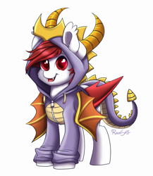 Size: 1661x1916 | Tagged: safe, artist:confetticakez, oc, oc only, species:bat pony, species:pony, g4, clothing, commission, crossover, cute, ear fluff, fangs, hoodie, male, ocbetes, red eyes, signature, simple background, smiling, solo, spyro the dragon, white background