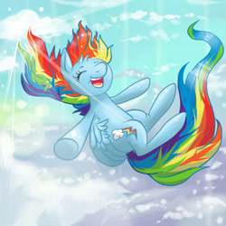Size: 800x800 | Tagged: safe, artist:confetticakez, character:rainbow dash, species:pegasus, species:pony, g4, cloud, cloudy, cute, eyes closed, falling, happy, open mouth, sky, smiling, solo, windswept mane